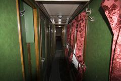 Interior of a historical train carriage at railway exhibition in Kyiv