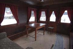 Interior of a historical train carriage at the railway rolling stock exhibition in Kyiv