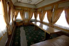 Interior of vintage train carriage at historical railway exhibition in Kyiv