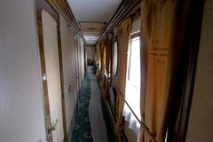 Interior of a historic train carriage at the railway rolling stock exhibition in Kyiv
