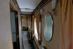 Interior of a historical train carriage at the railway rolling stock exhibition in Kyiv