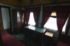 Interior of a historical train carriage at the railway rolling stock exhibition in Kyiv