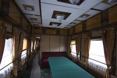 Interior of a vintage train carriage at the Historical Exhibition of Railway Rolling Stock in Kyiv