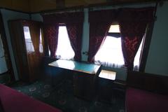 Interior of a historical train carriage at the railway rolling stock exhibition in Kyiv