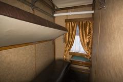 Interior of historical train carriage at railway exhibition in Kyiv