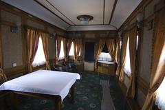 Interior of a historical train carriage at the railway rolling stock exhibition in Kyiv