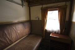 Interior of a historical train carriage displayed at the railway rolling stock exhibition in Kyiv