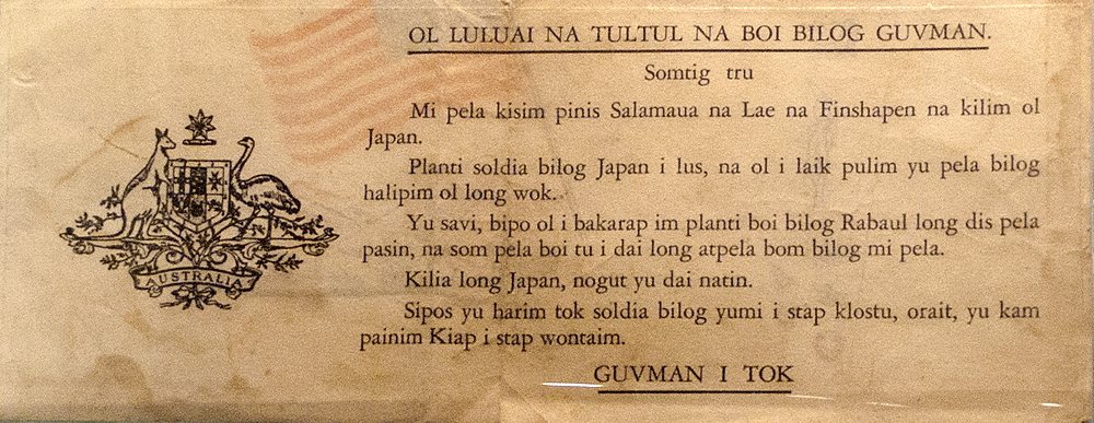 Pidgin English leaflet dropped over New Guinea by Allied aircraft on display at the RAAF Museum