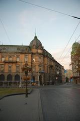 Street scene in Lviv in the morning with buildings and tram tracks