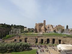 View of Palatine Hill with ancient ruins and greenery in Rome