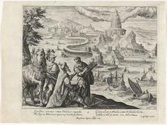 Engraving of the Pharos of Alexandria, one of the seven wonders of the ancient world, created in 1614 by Magdalena van de Passe after Maerten de Vos's design