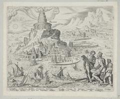 The Lighthouse of Alexandria, one of the Seven Wonders of the Ancient World, as depicted in a 1572 artwork by Philips Galle