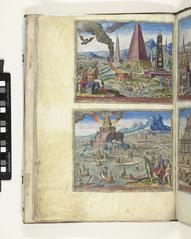 Hand-colored engraving of Egyptian pyramids and obelisks with Pharaoh Psammetichus seated in foreground observing an eagle carrying a sandal representing the fable of Rhodopis
