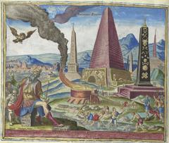 Ancient Egyptian pyramids with Pharaoh Psammetichus seated and an eagle holding a sandal in its beak, hand-colored 16th century engraving