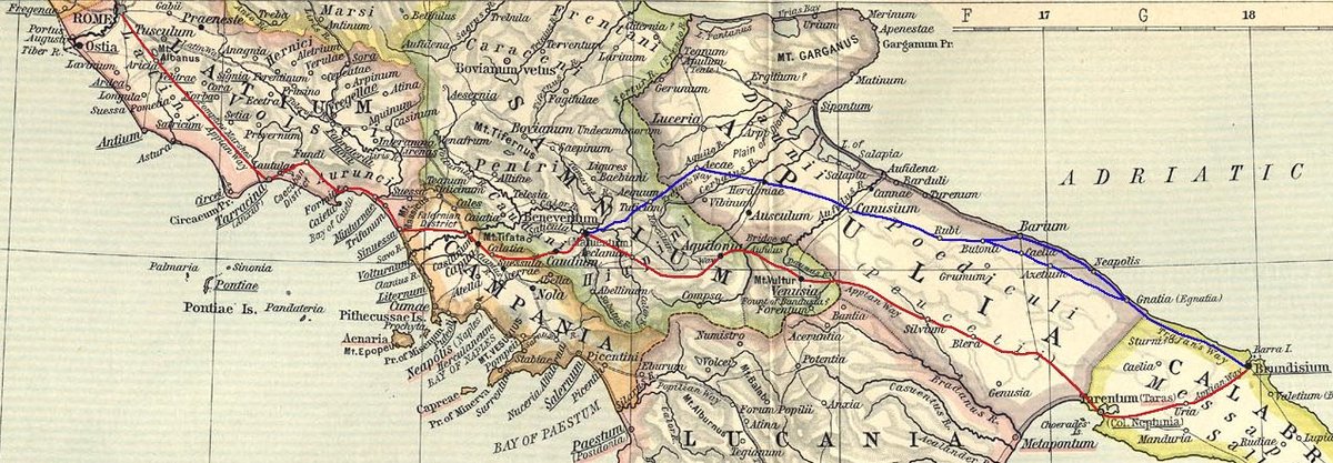 Ancient Roman Appia road map with original red track and Trajan's parallel blue track