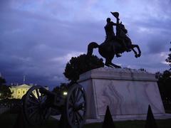 Andrew Jackson sculpture in Lafayette Square with the White House in the background