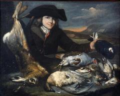 Painting of a hunter with hunting trophies by Franz Roos