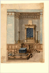 Interior of the Great Synagogue of Copenhagen with traditional architecture and seating