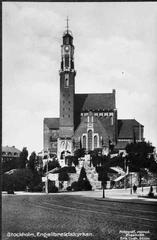 South view of Engelbrekt Church exterior on a vintage postcard