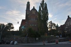 Engelbrektskyrkan church exterior in autumn