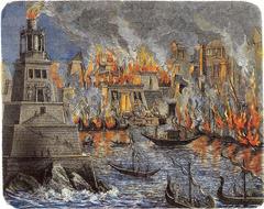 Ancient Library of Alexandria burning with flames and smoke rising amid classical architecture