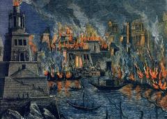 The Fire of Alexandria woodcut artwork by Hermann Göll, 1876