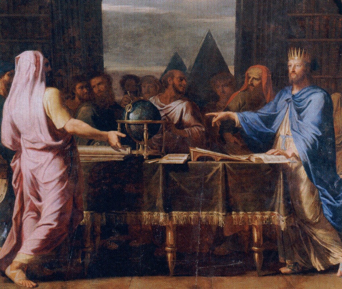Ptolemy II Philadelphus discussing with 72 Jewish scholars who translated the Bible for the Library of Alexandria