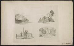 Engraving and etching of Library Hall, Pennsylvania Hospital, High Street Market, and Old Swede's Church in Philadelphia