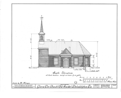 Historical architectural drawing of Gloria Dei Church in Philadelphia
