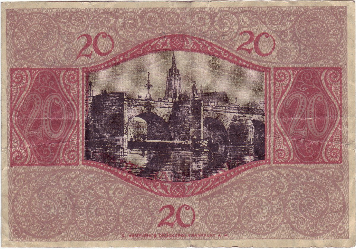 Back side of 20 Mark banknote from Frankfurt am Main, 1918 showing Alte Brücke bridge over the Main river