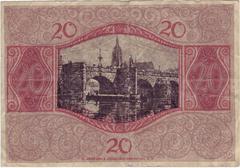 Back side of 20 Mark banknote from Frankfurt am Main, 1918 showing Alte Brücke bridge over the Main river