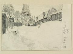 Snow-covered Vita Bergen park and Sofia Church in Södermalm, Stockholm with surrounding buildings and fences, winter scene