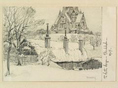 Drawing of Hvita Bergen, Stockholm, 1924 with buildings and Sofia Church in the background
