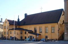 Finska Kyrkan church building exterior with brick walls and white detailed architecture under blue sky