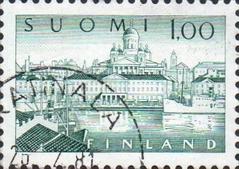 1963 Finnish postage stamp depicting Helsinki Harbour with ship and seagulls