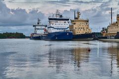 Icebreaker ship docked at Merikasarmin laituri harbor in Helsinki with clear blue sky