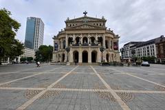Alte Oper building in Frankfurt am Main at dusk with illuminated facade
