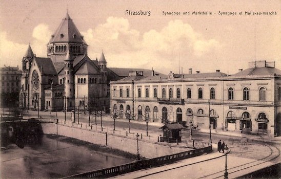 Old train station of Compagnie des chemins de fer de l'Est next to Kléber Quay Synagogue in Strasbourg circa 1900