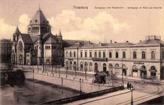 Old train station of Compagnie des chemins de fer de l'Est next to Kléber Quay Synagogue in Strasbourg circa 1900