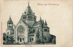 Exterior view of the New Synagogue in Strasbourg with clear blue sky