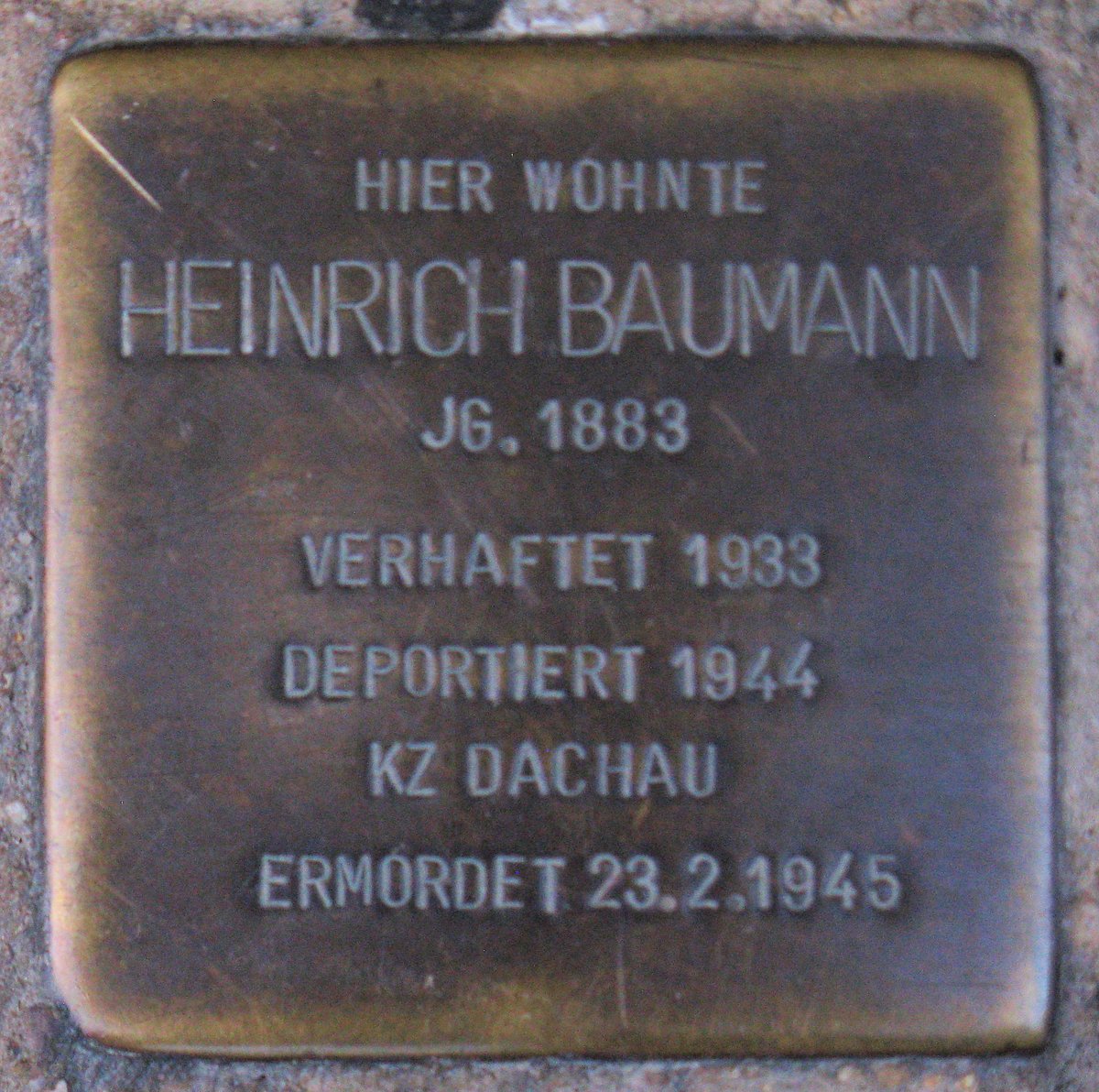 Stolperstein commemorating Heinrich Baumann in Stuttgart, Germany