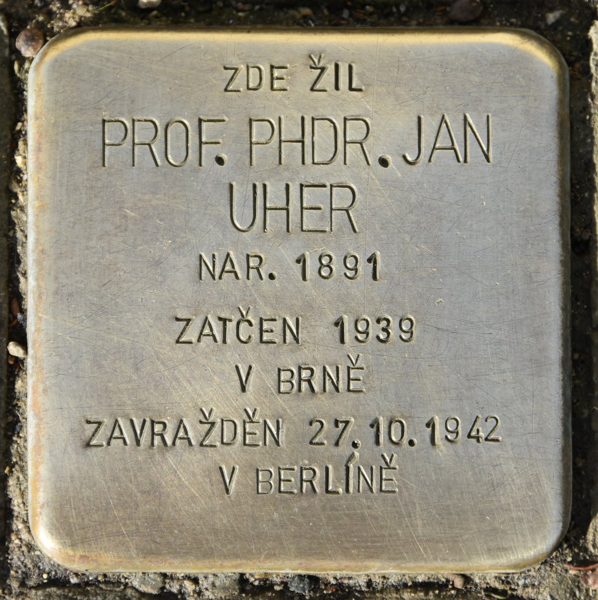 Stolperstein memorial stone for Jan Uher in Brno Czech Republic