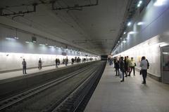 Ploschad Gagarina MCC station exterior platform view with blue and white train
