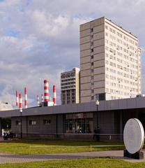 Gagarin Square park above automotive tunnel in Moscow with entrance vestibules and ventilation shafts of Ploshchad Gagarina station of MCC, building at Vavilova 8