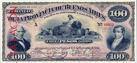 100 pesos oro banknote featuring Dalmacio Vélez Sarsfield and Mariano Moreno