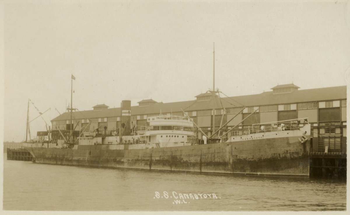 Canastota merchant ship berthed at Woolloomooloo Wharf No.8 on Sydney Harbour, lost June 1921