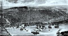 Bird's eye view of Montreal cityscape in 1889 with historical buildings and streets