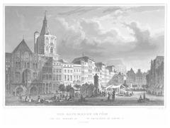 Historical view of Old Market Square in Cologne with buildings and horse-drawn carriages