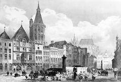 Historic view of Alter Markt in Cologne around 1850 with old buildings and horse-drawn carriages