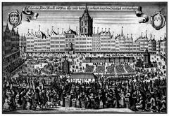 Copper engraving of Alter Markt in Cologne around 1660 showing historic buildings and town square